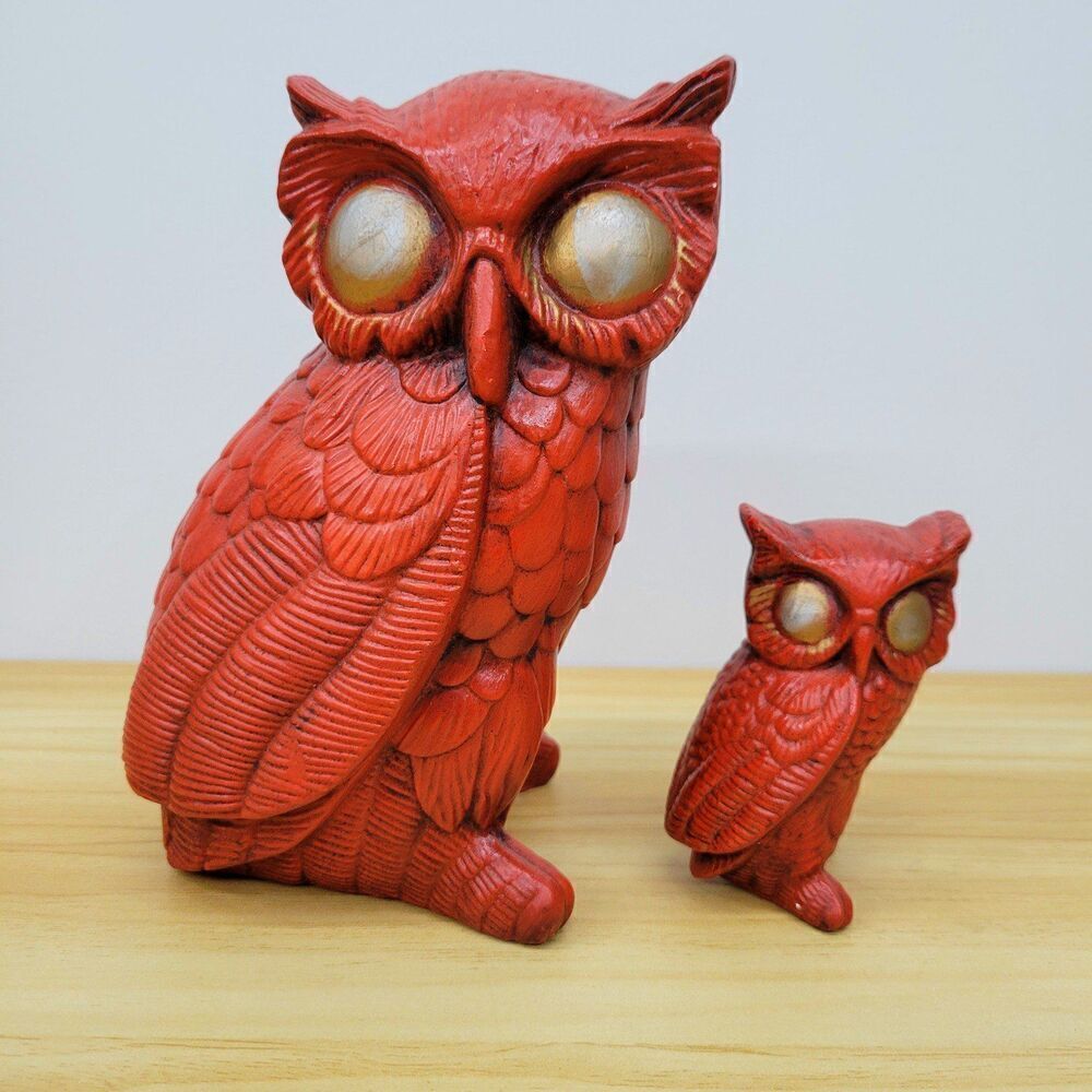 Vintage Red Big Eye Mid Century Modern Owl Ceramic Pair